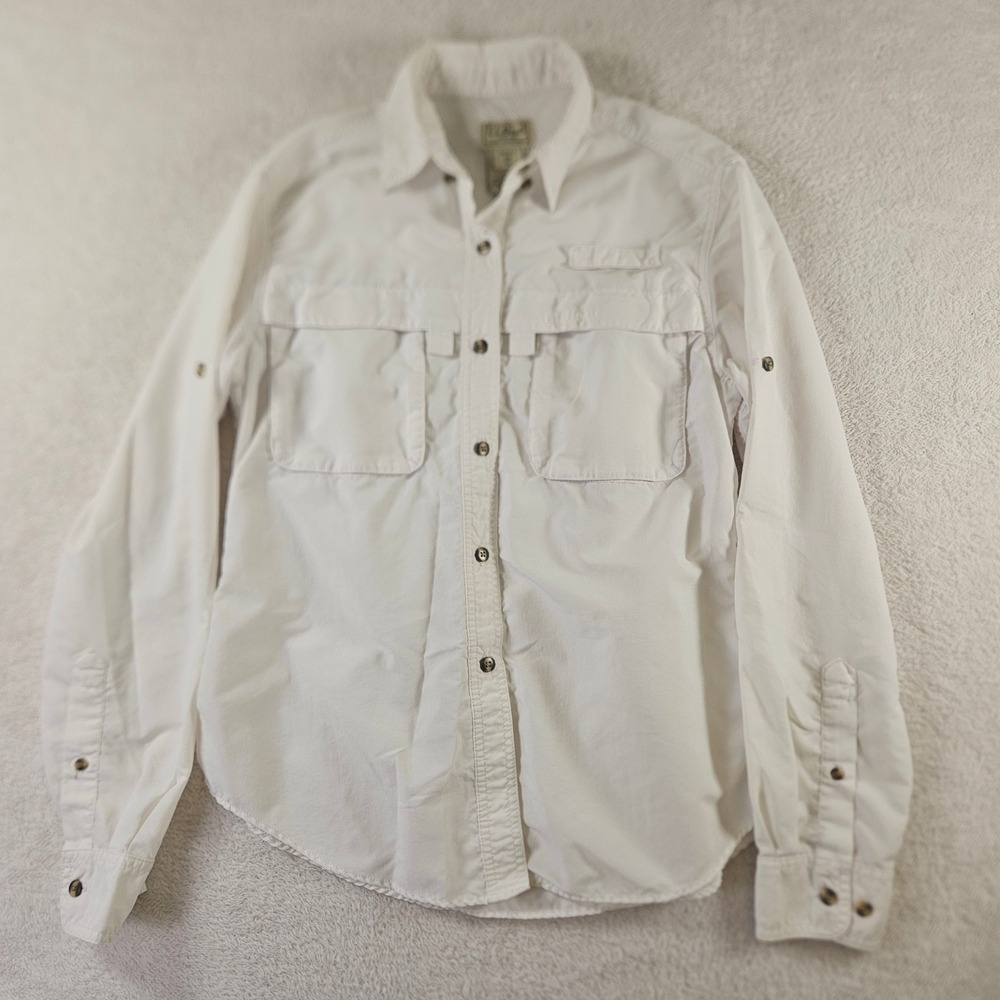 LL Bean Womens XS White Long Sleeve Utility Hiking Fishing Shirt Roll Tab 2703